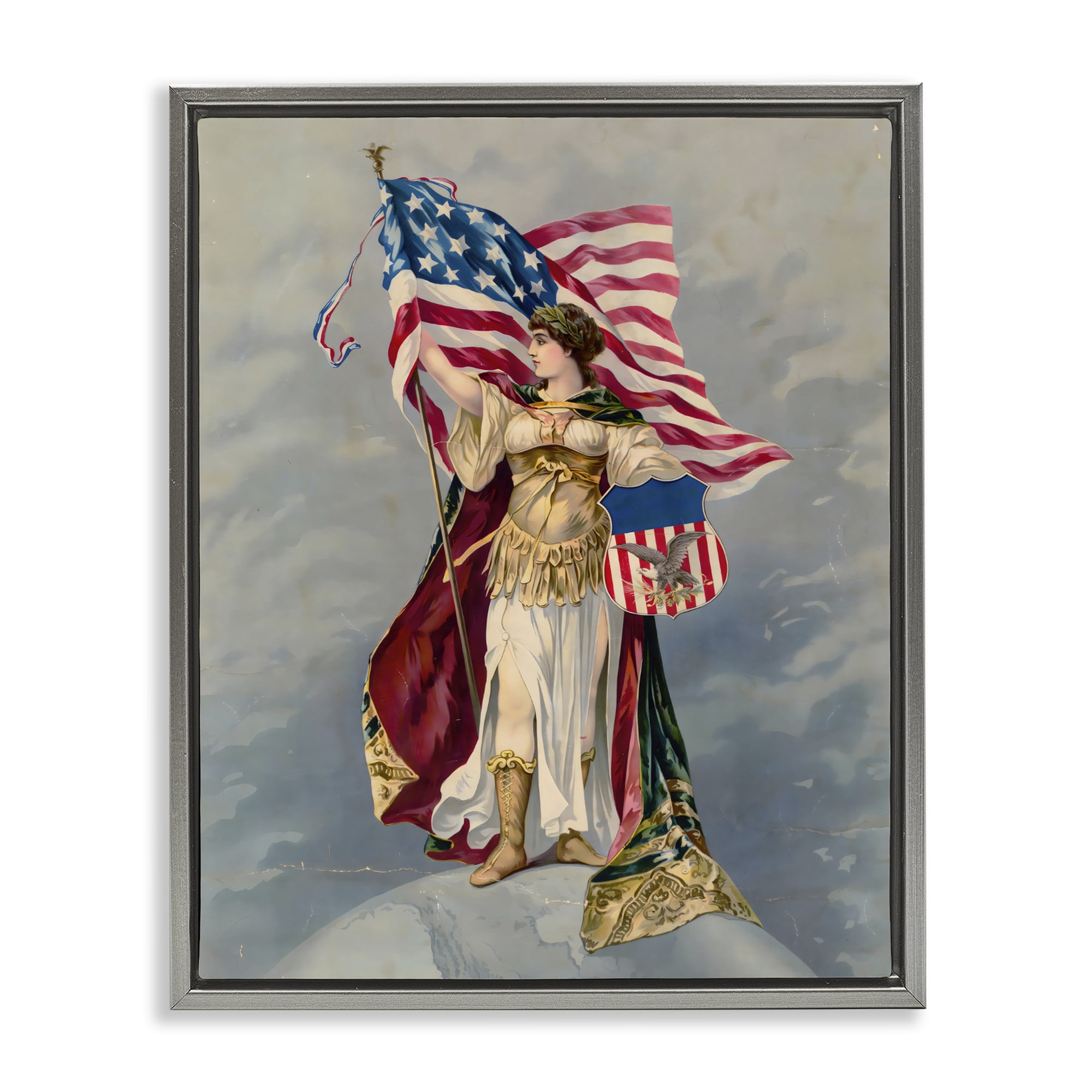 Stupell Industries Columbia Standing with American Flag Gray Framed Floater Canvas Wall Art, design by Arlington Prints