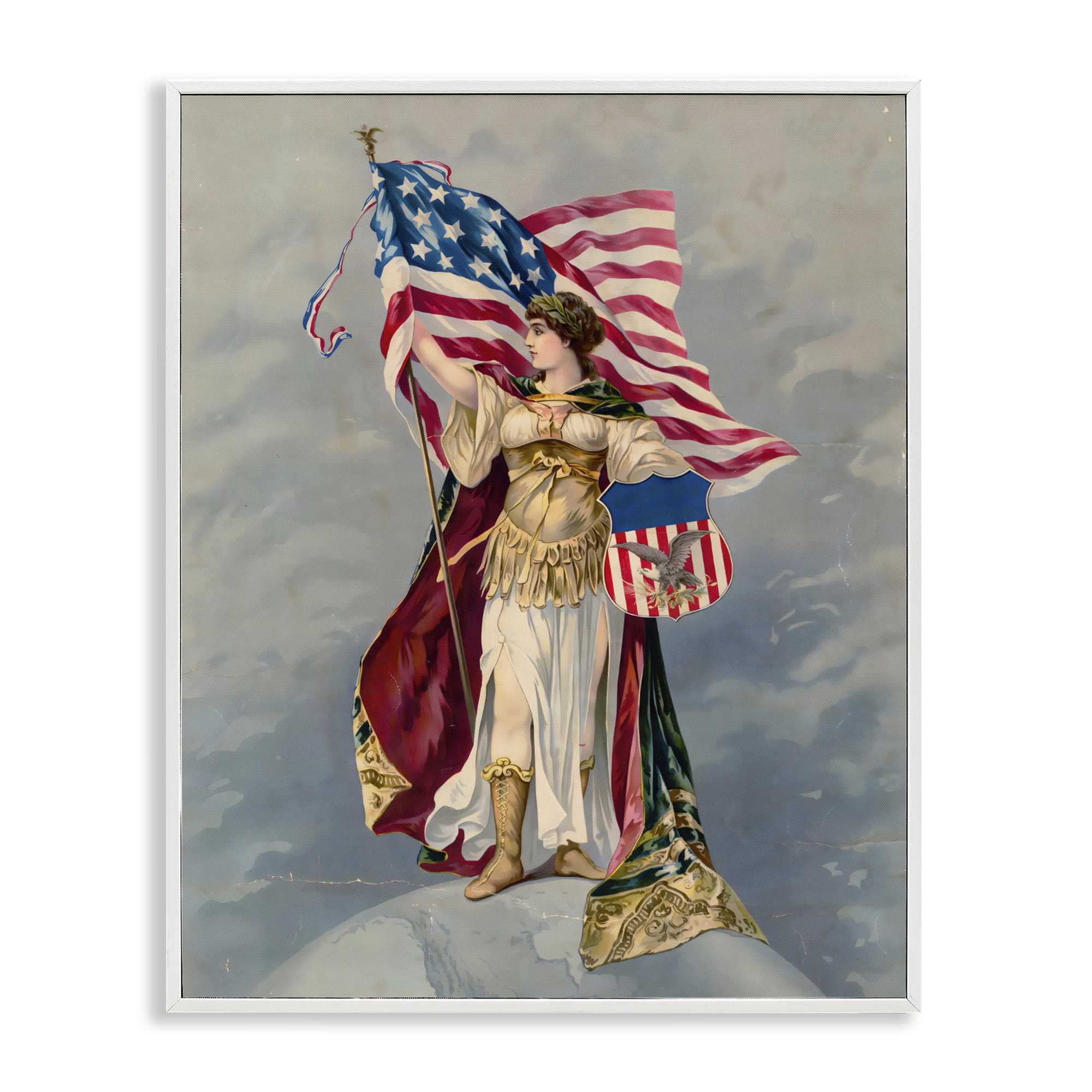 Stupell Industries Columbia Standing with American Flag White Framed Giclee Art, design by Arlington Prints