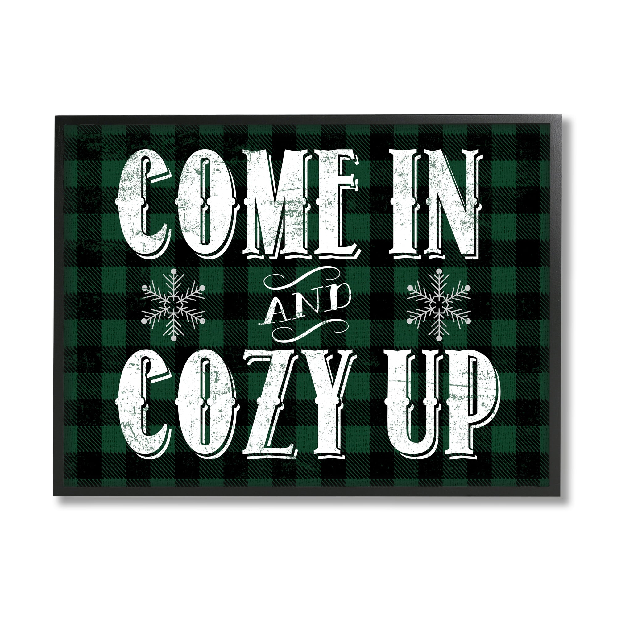 Stupell Industries Come In Cozy Up Phrase Snowflakes Green Plaid Inspirational Painting Black Framed Art Print Wall Art, 16 x 20