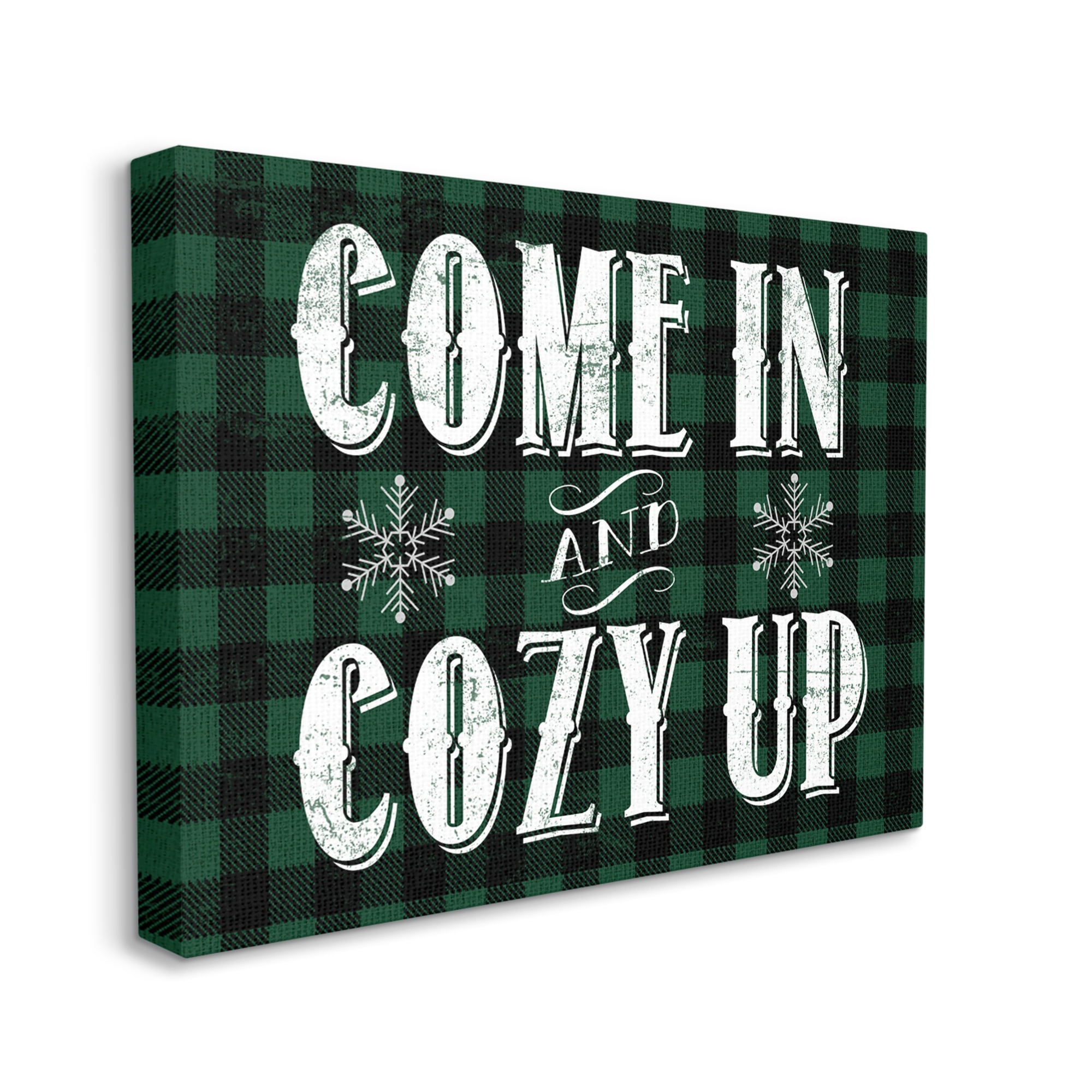 Stupell Industries Come In Cozy Up Phrase Snowflakes Green Plaid Inspirational Painting Gallery Wrapped Canvas Print Wall Art, 30 x 40