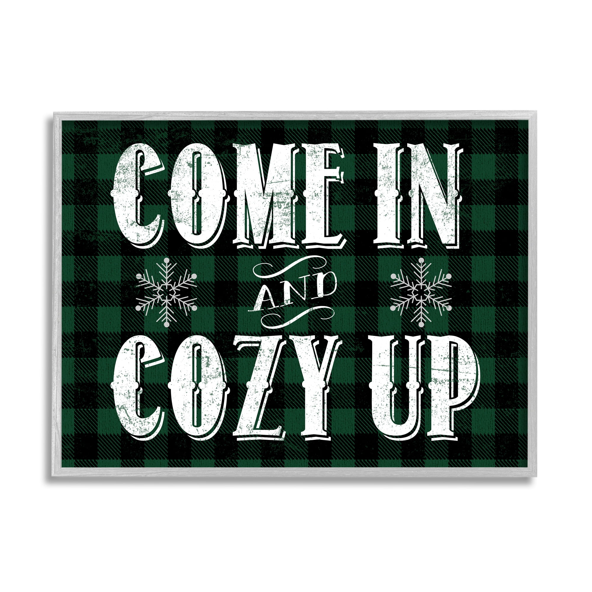 Stupell Industries Come In Cozy Up Phrase Snowflakes Green Plaid Inspirational Painting Gray Framed Art Print Wall Art, 11 x 14