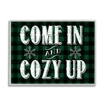 Stupell Industries Come In Cozy Up Phrase Snowflakes Green Plaid Inspirational Painting Gray Framed Art Print Wall Art, 24 x 30