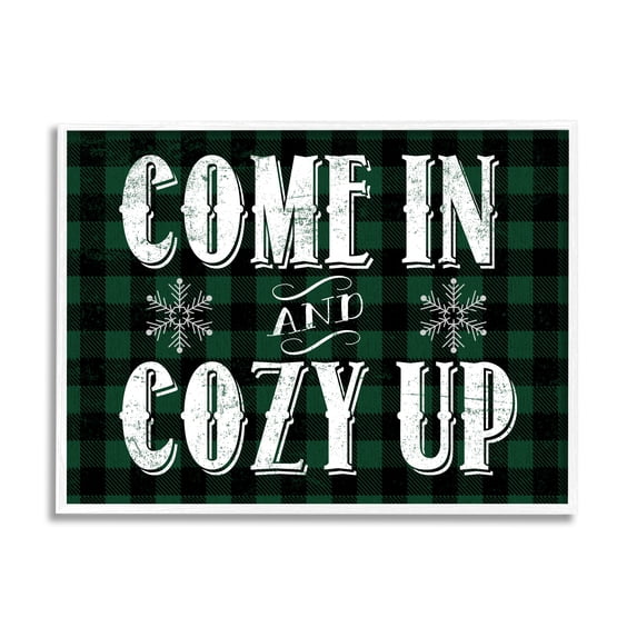 Stupell Industries Come In Cozy Up Phrase Snowflakes Green Plaid Inspirational Painting White Framed Art Print Wall Art, 24 x 30