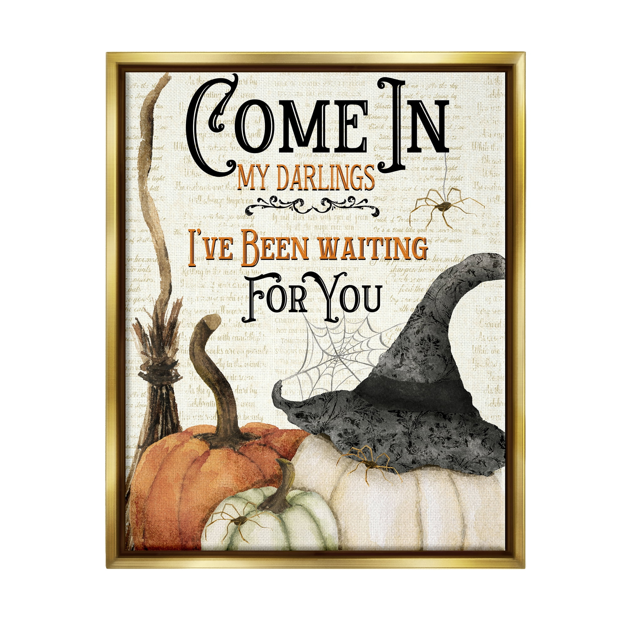 Stupell Industries Come In Spooky Halloween Holiday Painting Gold Floater Framed Canvas Art Print Wall Art, 17 x 21