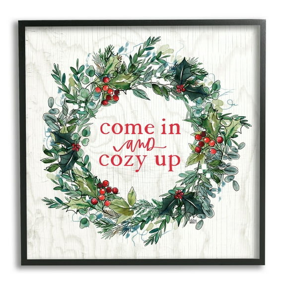 Stupell Industries Come In and Cozy Up Winter Red Holly Inspirational Painting Black Framed Art Print Wall Art, 12 x 12