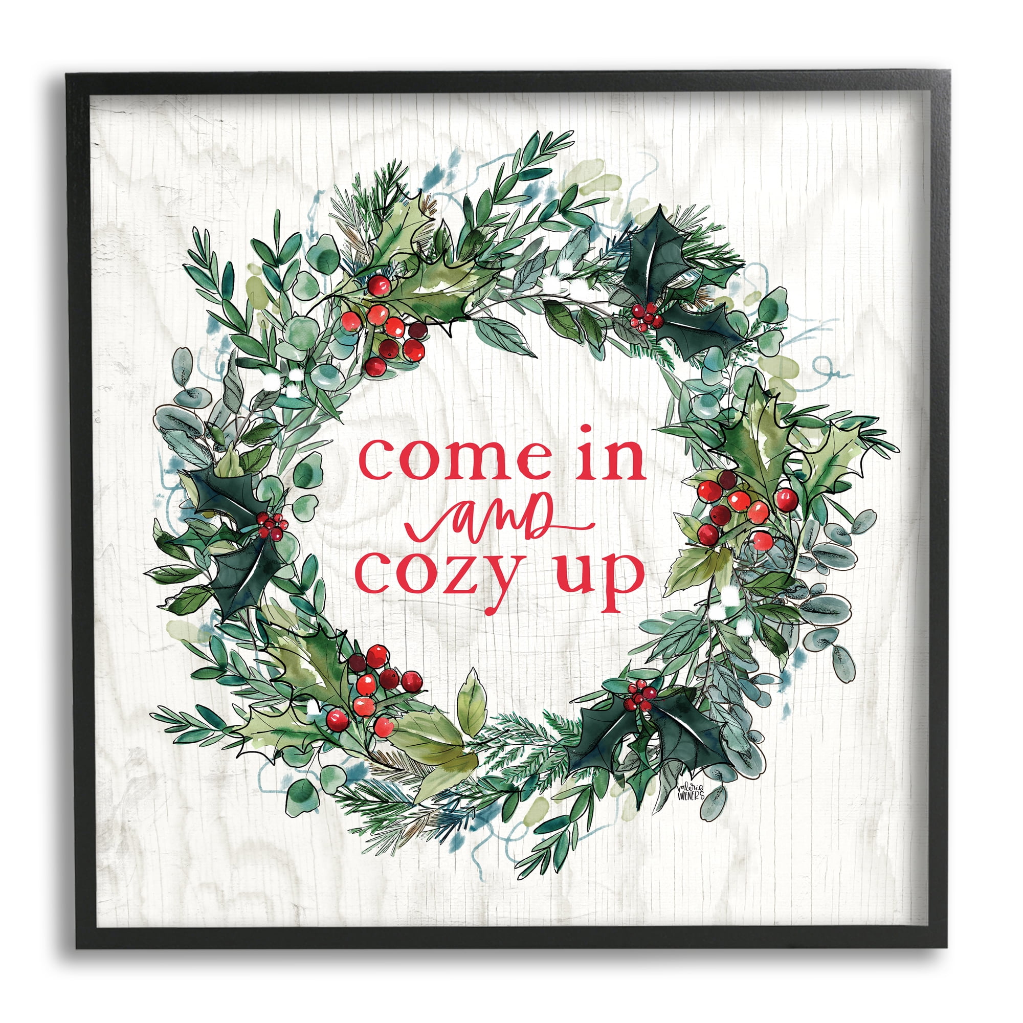 Stupell Industries Come In and Cozy Up Winter Red Holly Inspirational Painting Black Framed Art Print Wall Art, 24 x 24