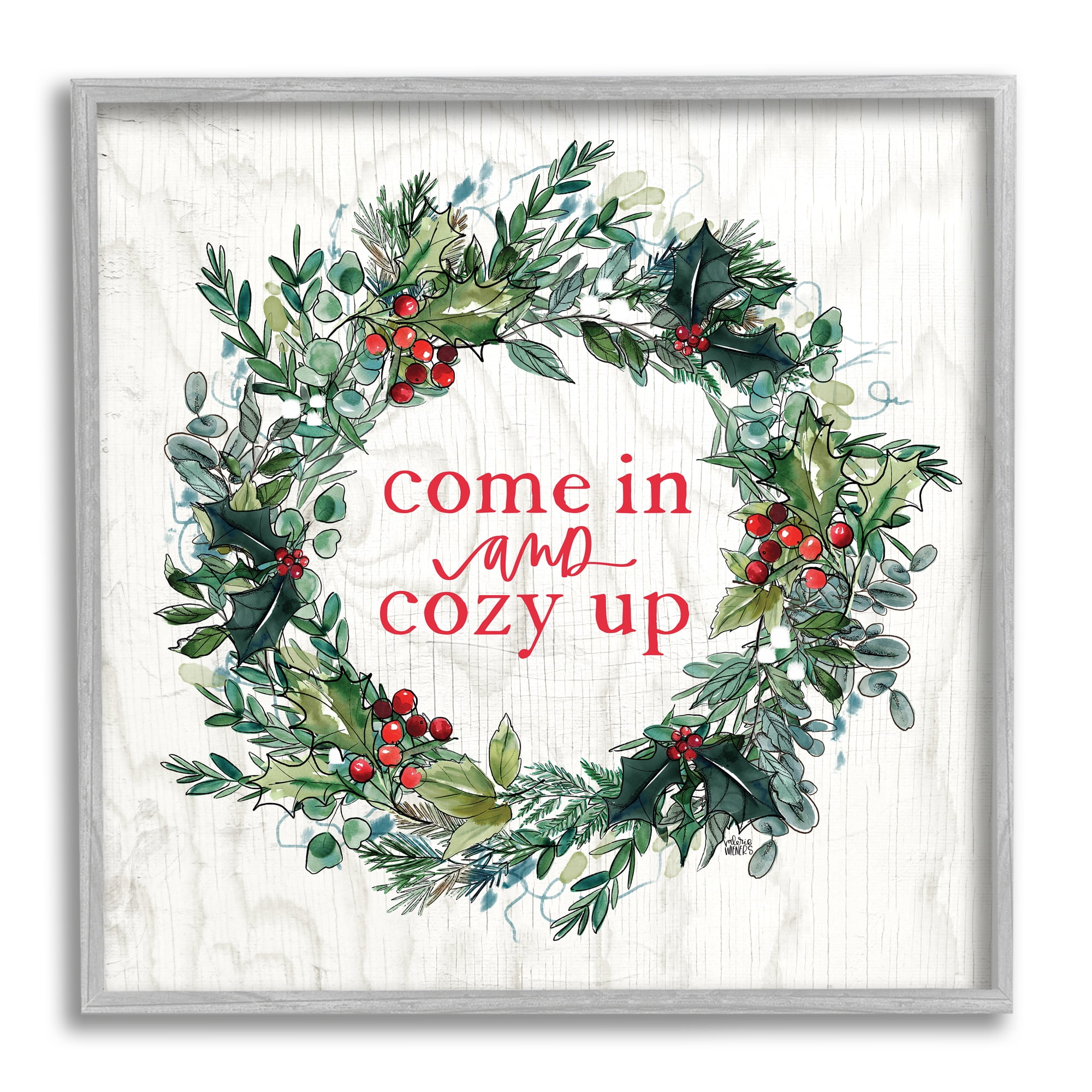 Stupell Industries Come In and Cozy Up Winter Red Holly Inspirational Painting Gray Framed Art Print Wall Art, 12 x 12