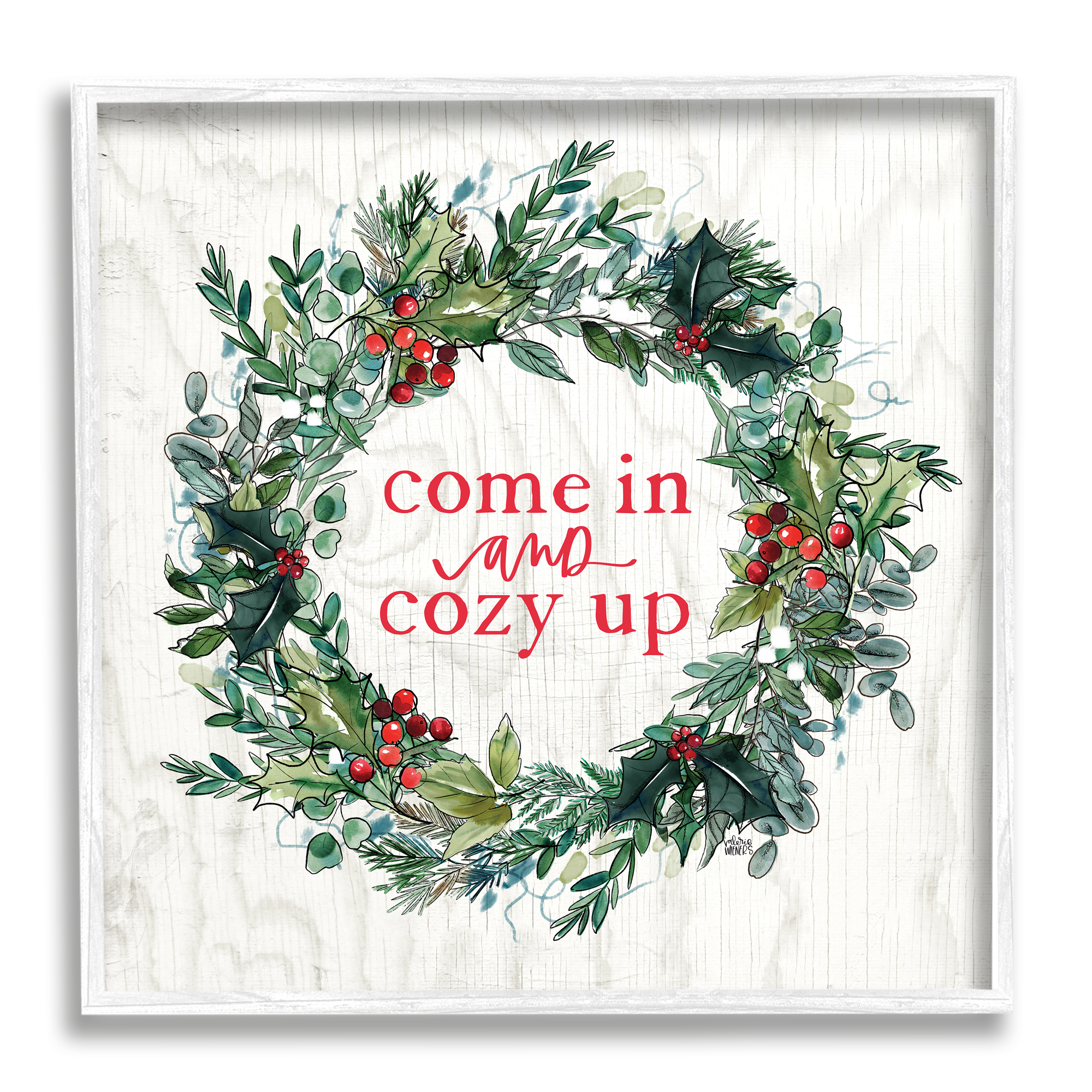 Stupell Industries Come In and Cozy Up Winter Red Holly Inspirational Painting White Framed Art Print Wall Art, 12 x 12