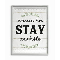Stupell Industries Come Stay Awhile Rosemary Typography Distressed White Graphic Art Gray Framed Art Print Wall Art, 16x20, by Jennifer Pugh