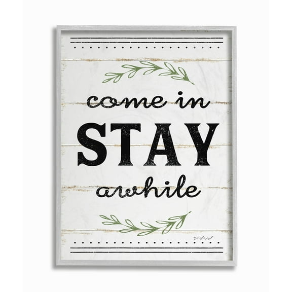 Stupell Industries Come Stay Awhile Rosemary Typography Distressed White Graphic Art Gray Framed Art Print Wall Art, 16x20, by Jennifer Pugh