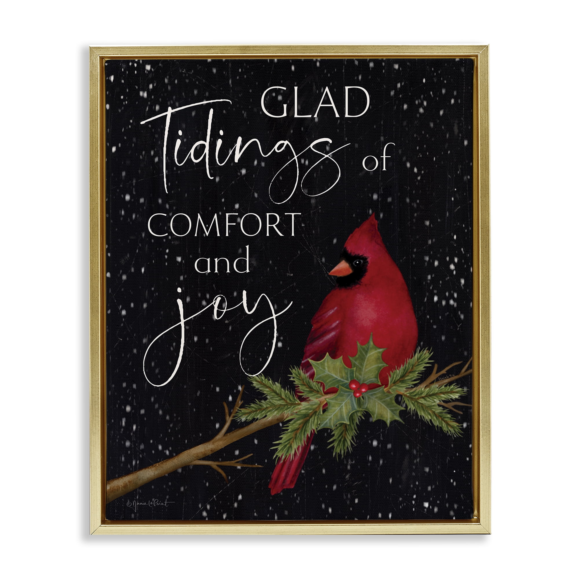Stupell Industries Comfort & Joy Cardinal Holiday Painting Gold Floater Framed Canvas Art Prints Wall Art, 17 x 21