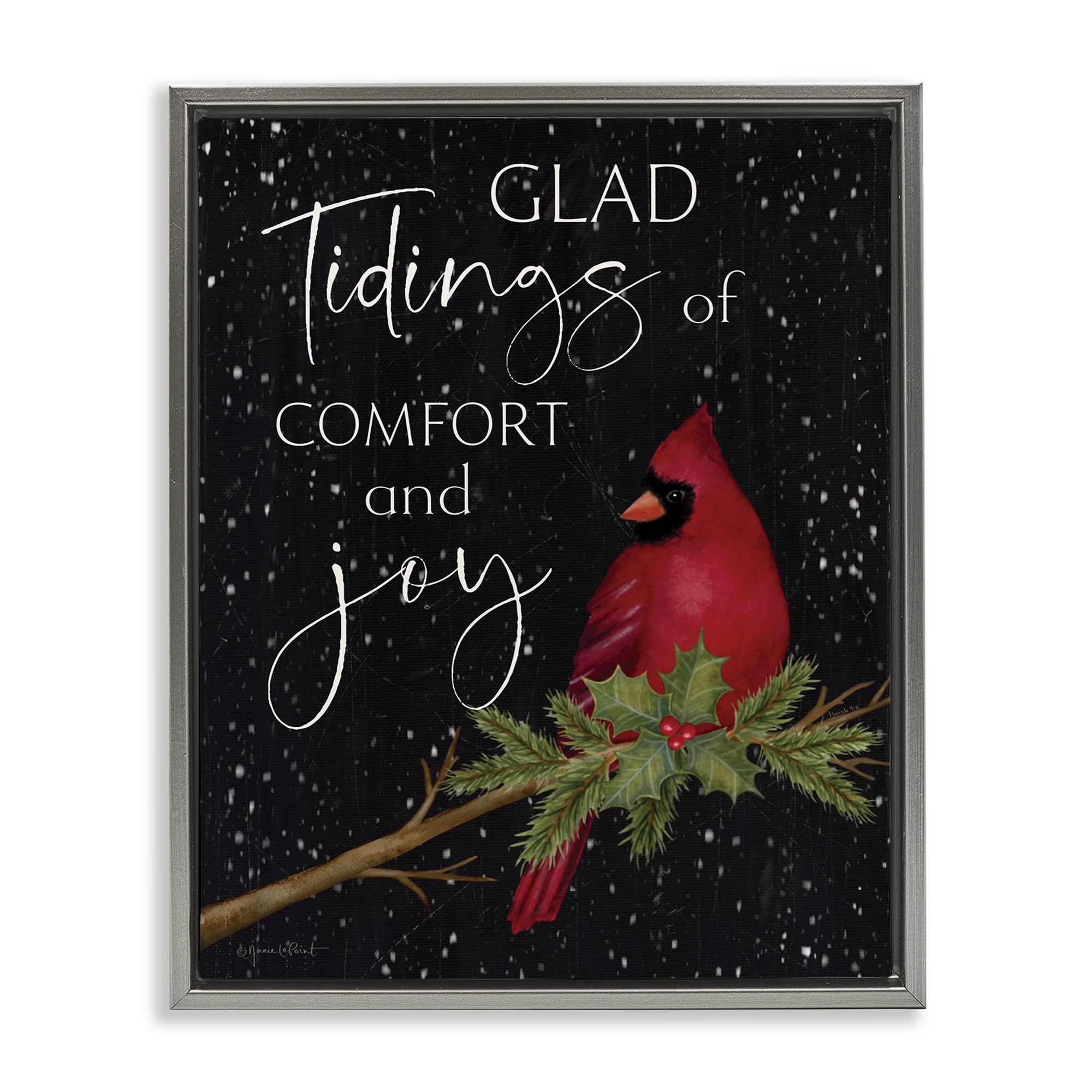 Stupell Industries Comfort & Joy Cardinal Holiday Painting Gray Floater Framed Canvas Art Prints Wall Art, 17 x 21