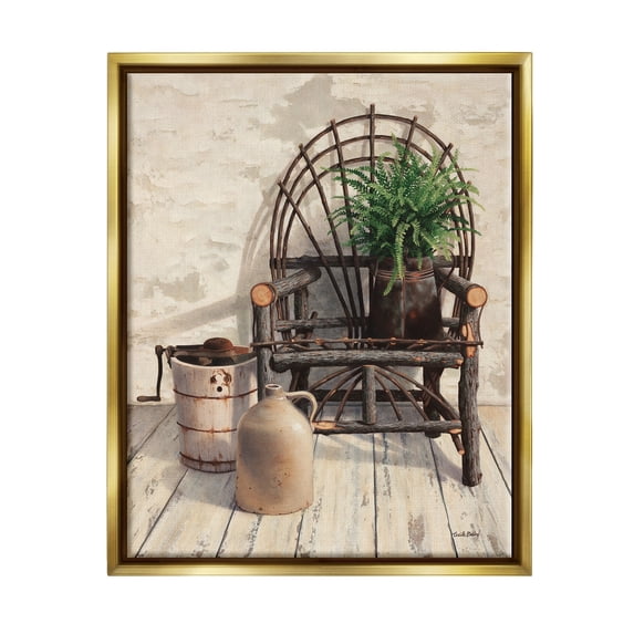 Stupell Industries Comfortable Porch Chair Still Life Rural Plant Painting Metallic Gold Floating Framed Canvas Print Wall Art, Design by Cecile Baird