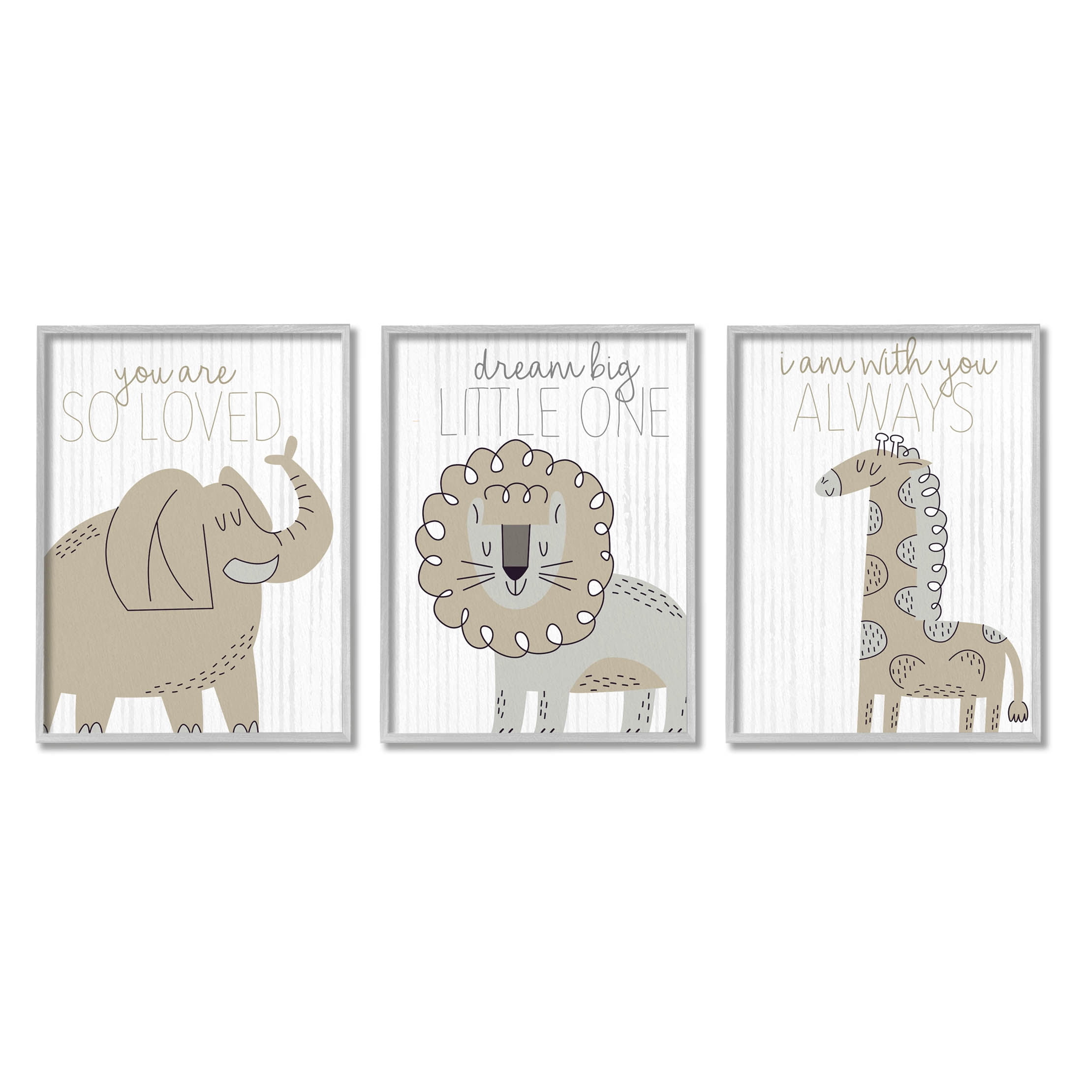 Stupell Industries Comforting Animal Nursery Sentiments Graphic Art Gray Framed Art Print Wall Art, Set of 3, Design by Kim Allen