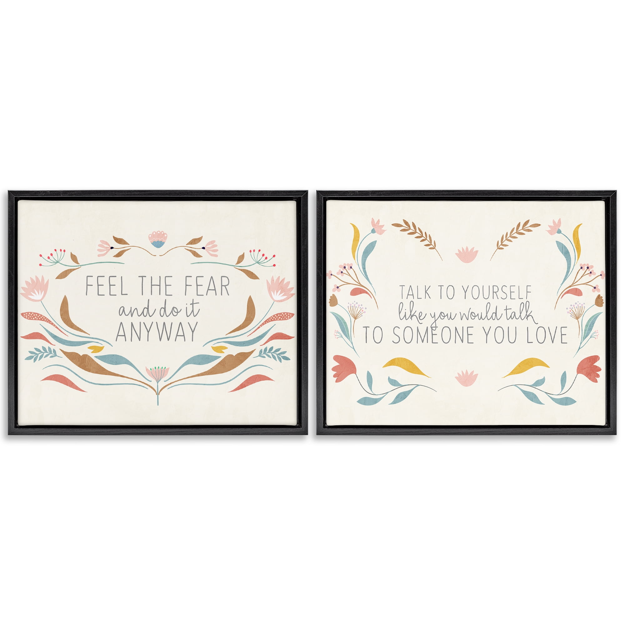 Stupell Industries Comforting Confident Phrases Plants & Flowers Painting Black Floater Framed Canvas Art Print Wall Art, 21 x 17, Set of 2