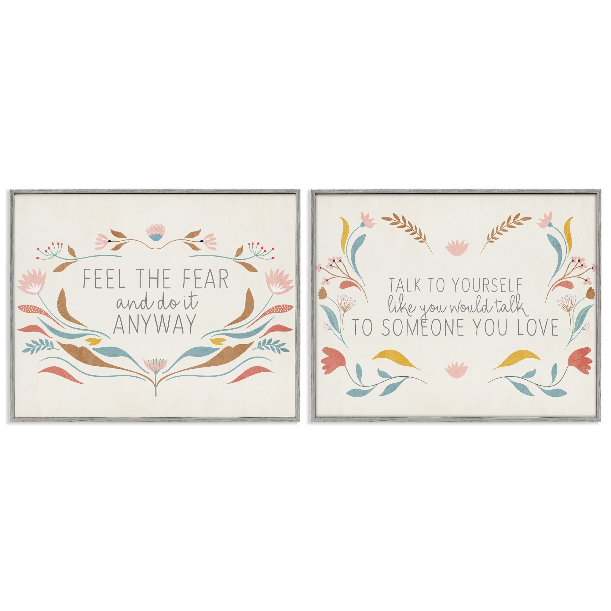Stupell Industries Comforting Confident Phrases Plants & Flowers Painting Gray Framed Art Print Wall Art, 20 x 16, Set of 2