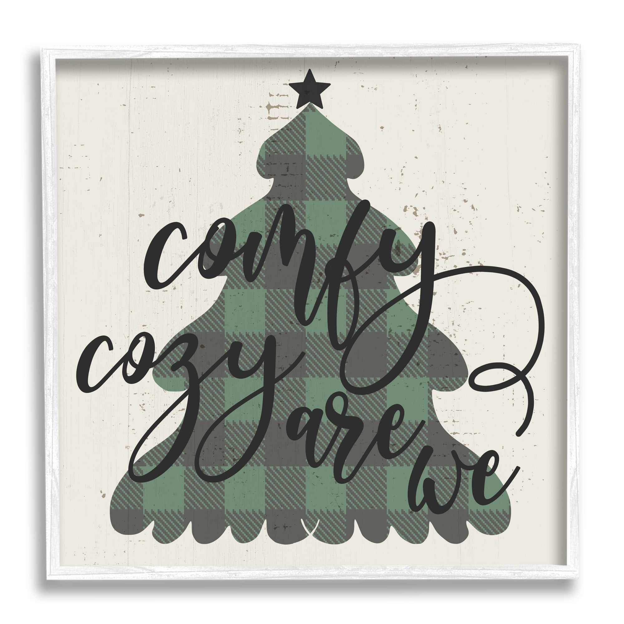 Stupell Industries Comfy Cozy Are We Quote Plaid Christmas Tree Inspirational Painting White Framed Art Print Wall Art, 12 x 12