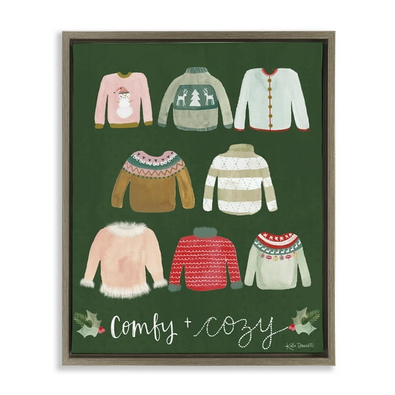 Stupell Industries Comfy & Cozy Sweaters Holiday Painting Brown Floater Framed Art Print Wall Art, 17 x 21