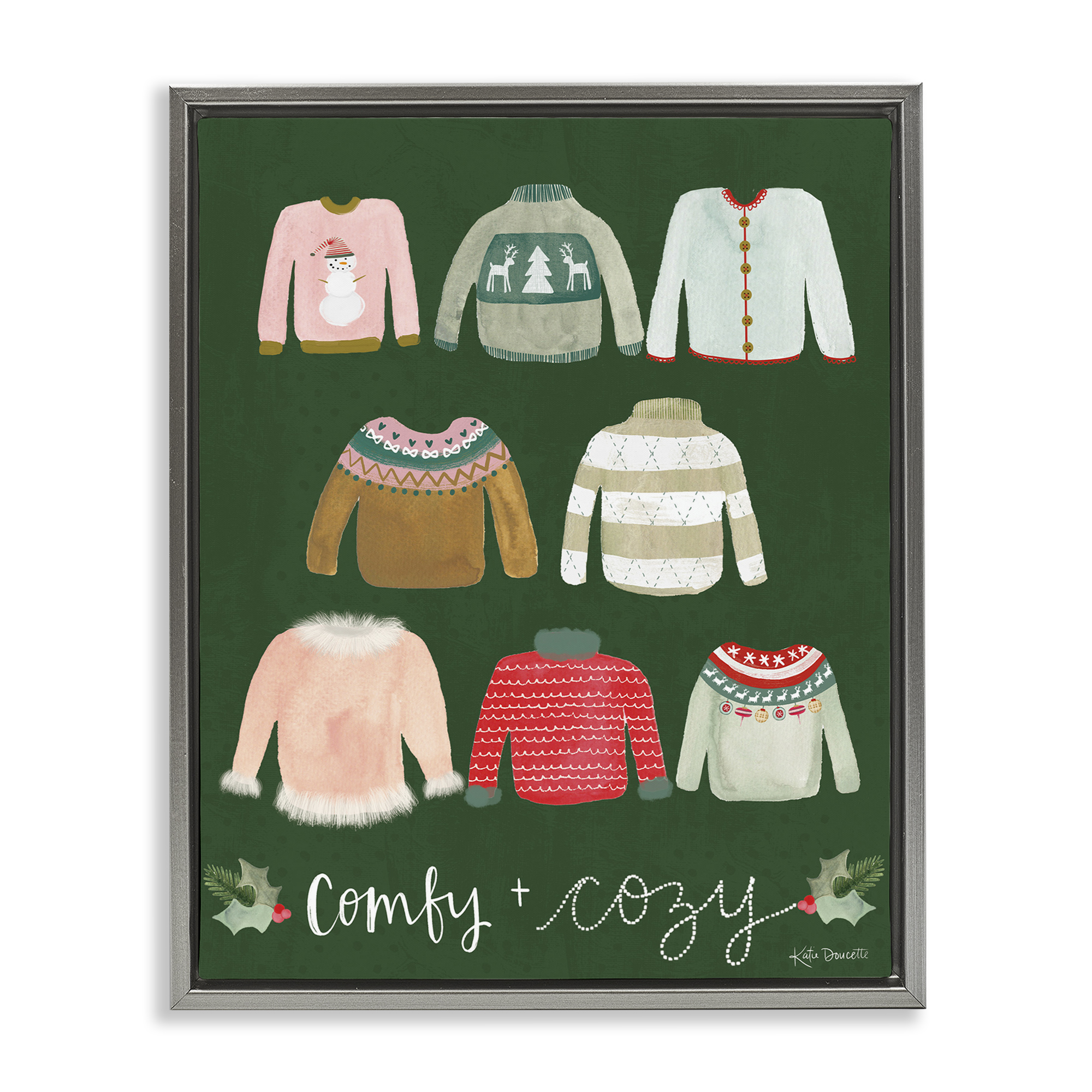 Stupell Industries Comfy & Cozy Sweaters Holiday Painting Gray Floater Framed Art Print Wall Art, 25 x 31