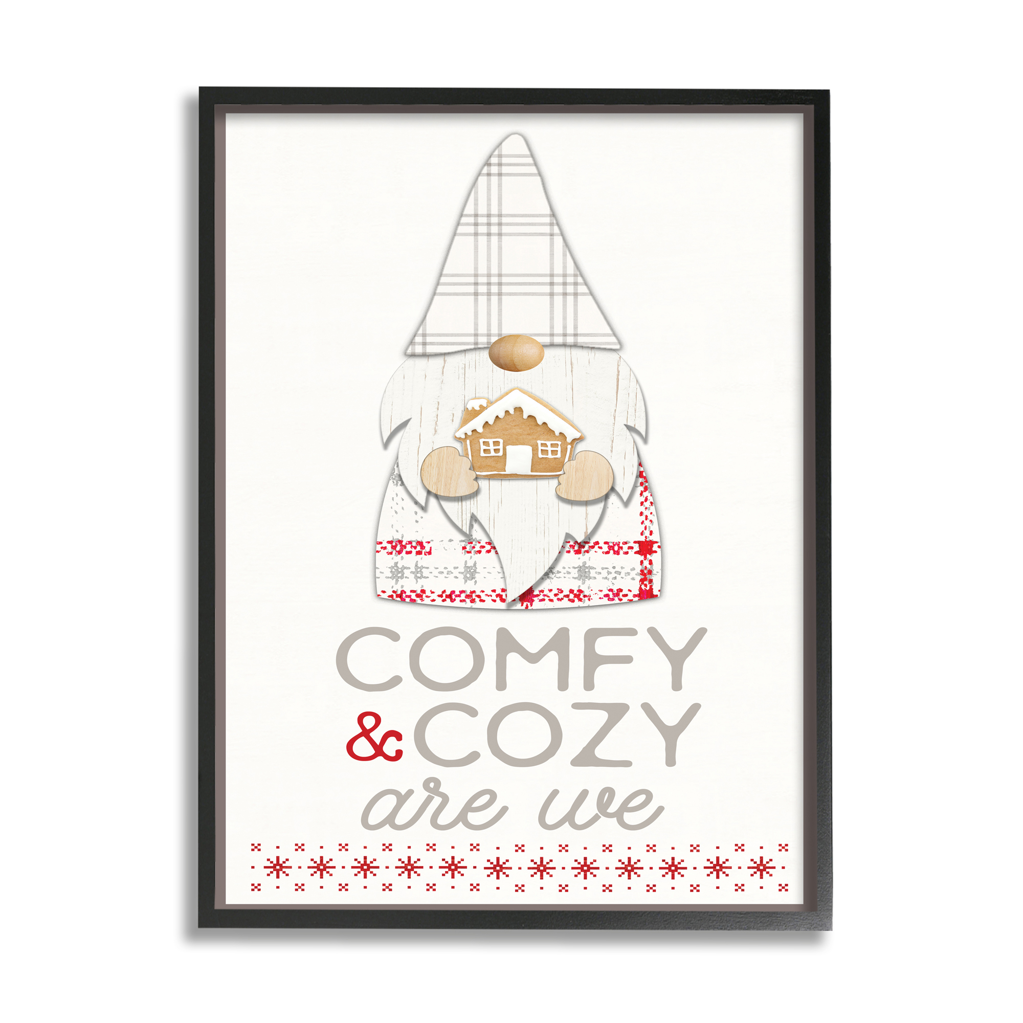 Stupell Industries Comfy and Cozy Phrase Red Plaid Christmas Gnome Fairy Tales & Fantasy Painting Black Framed Art Print Wall Art, 24 x 30