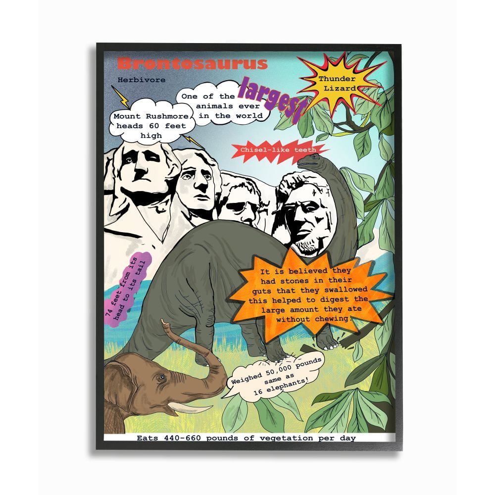 Stupell Industries Comic Book Brontosaurus Illustration Dinosaur Reptile Facts Framed Wall Art Design by Sangita Bachelet, 16" x 20", Black Framed