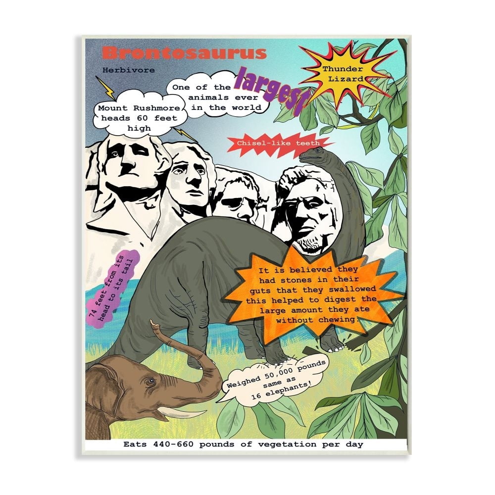 Stupell Industries Comic Book Brontosaurus Illustration Dinosaur Reptile Facts Wall Plaque Design by Sangita Bachelet, 10" x 15"