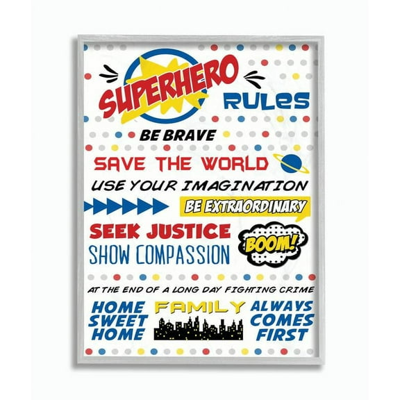 Stupell Industries Comic Book Dots Super Hero Rules Typography Graphic Art Gray Framed Art Print Wall Art, 16x20, by Anna Quach
