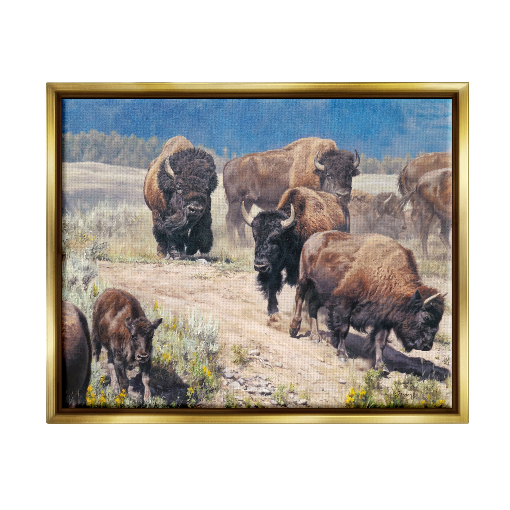 Stupell Industries Commander In Chief Bison Herd Animals & Insects Painting Gold Floater Framed Art Print Wall Art