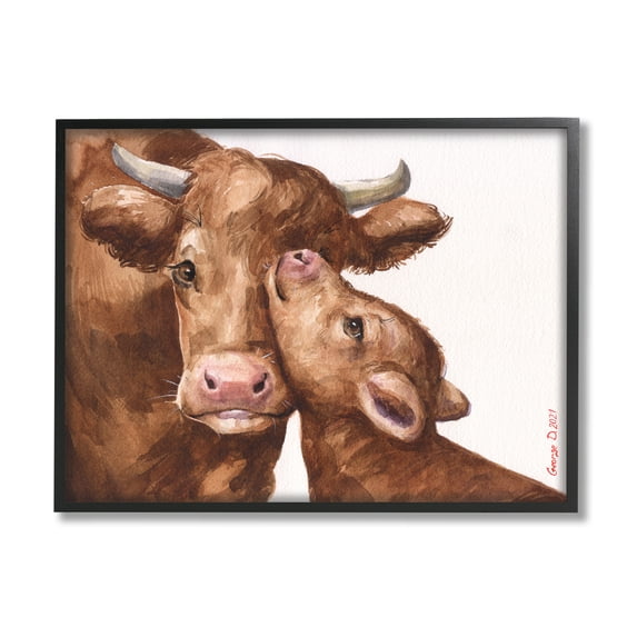 Stupell Industries Compassionate Cattle Mother & Baby Cuddle Rural Farmland Painting Black Framed Art Print Wall Art, Design by George Dyachenko