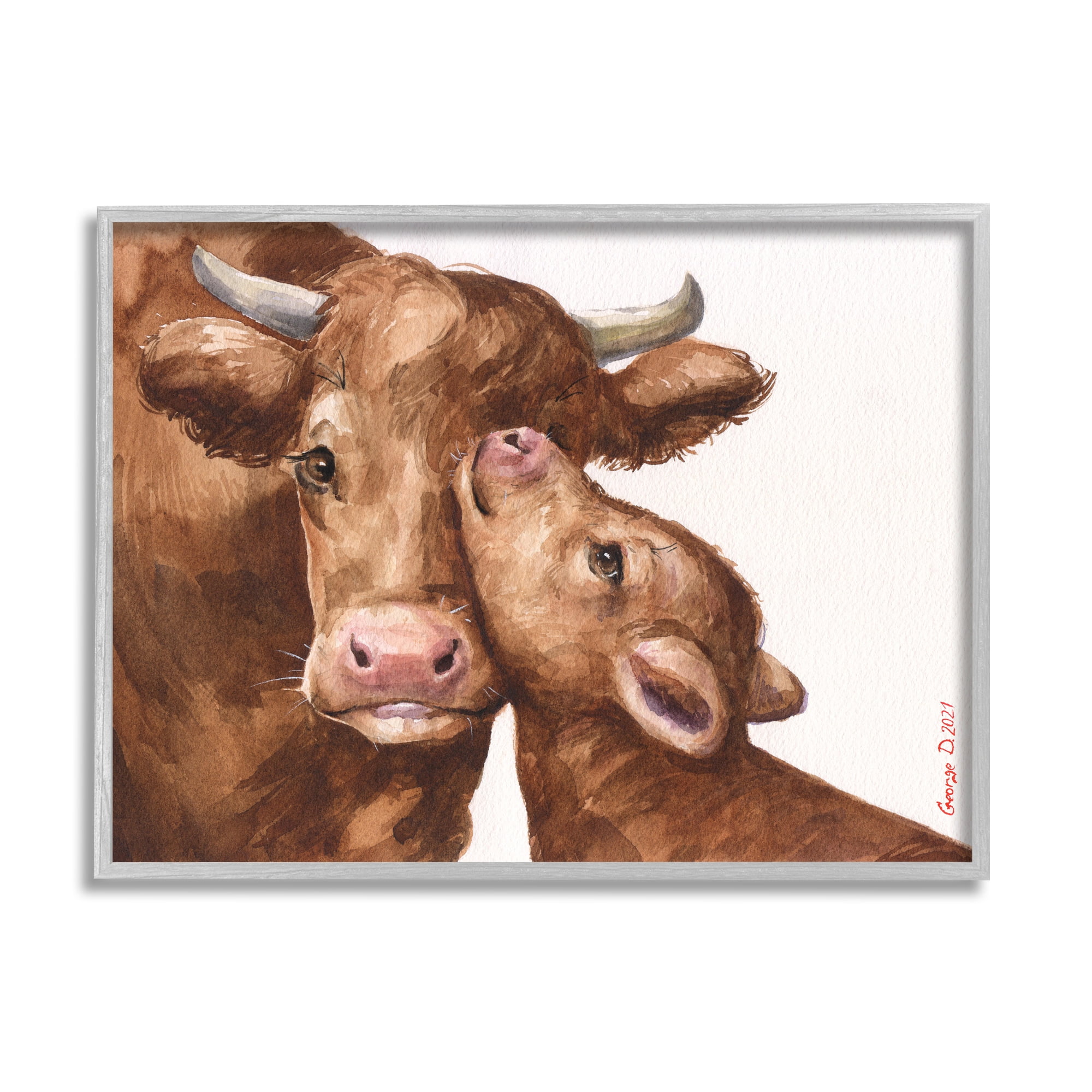 Stupell Industries Compassionate Cattle Mother & Baby Cuddle Rural Farmland Painting Gray Framed Art Print Wall Art, Design by George Dyachenko