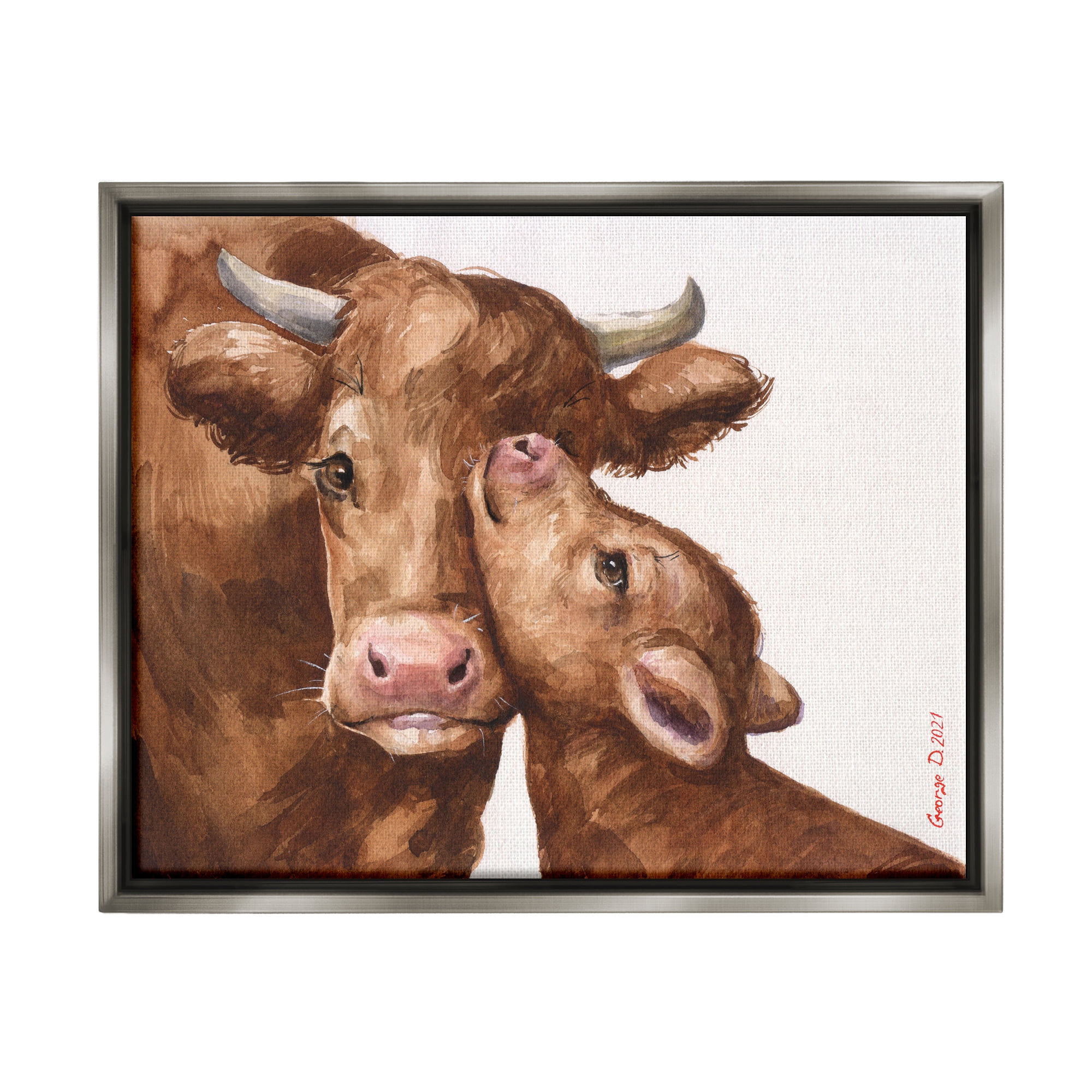 Stupell Industries Compassionate Cattle Mother & Baby Cuddle Rural Farmland Painting Luster Gray Floating Framed Canvas Print Wall Art, Design by George Dyachenko