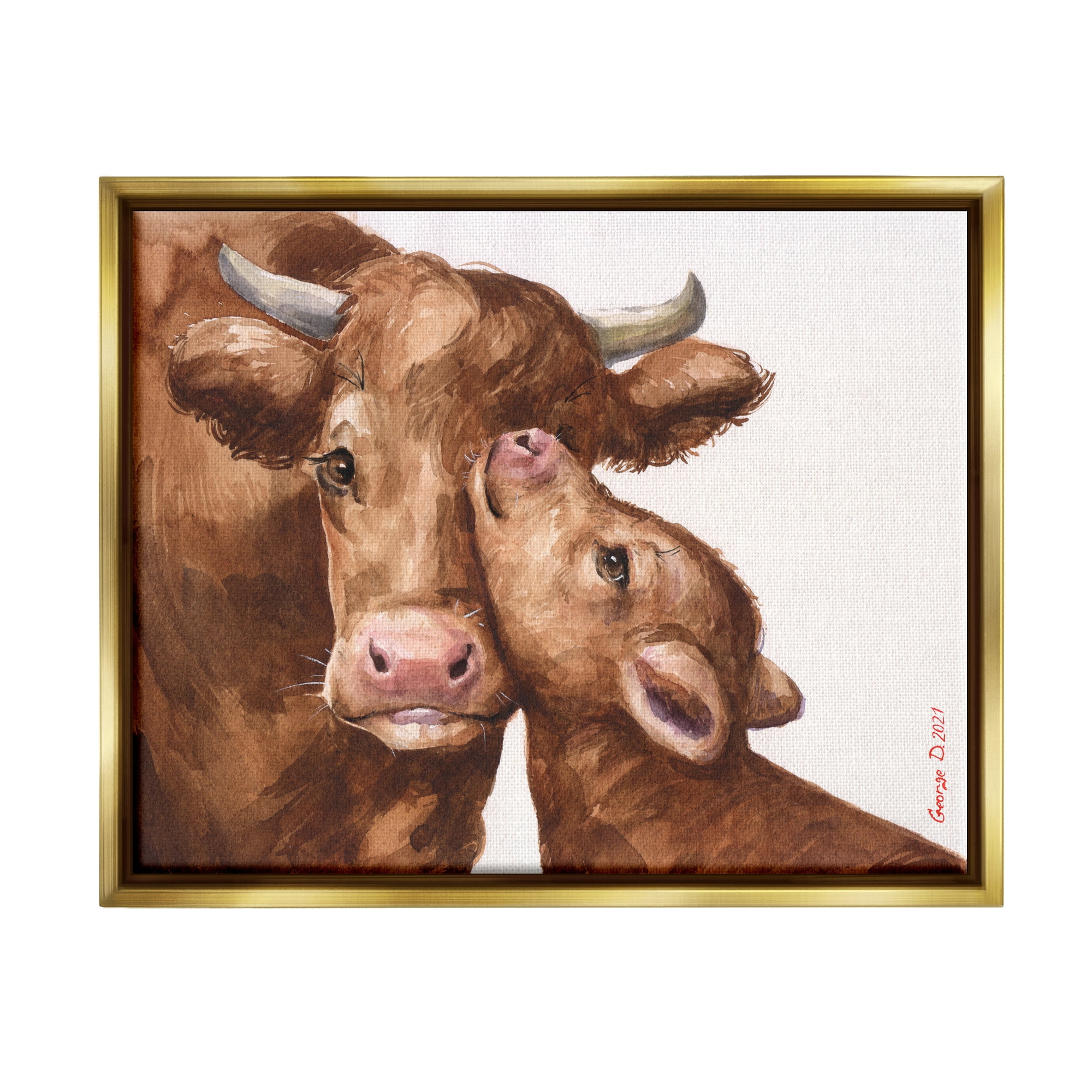 Stupell Industries Compassionate Cattle Mother & Baby Cuddle Rural Farmland Painting Metallic Gold Floating Framed Canvas Print Wall Art, Design by George Dyachenko