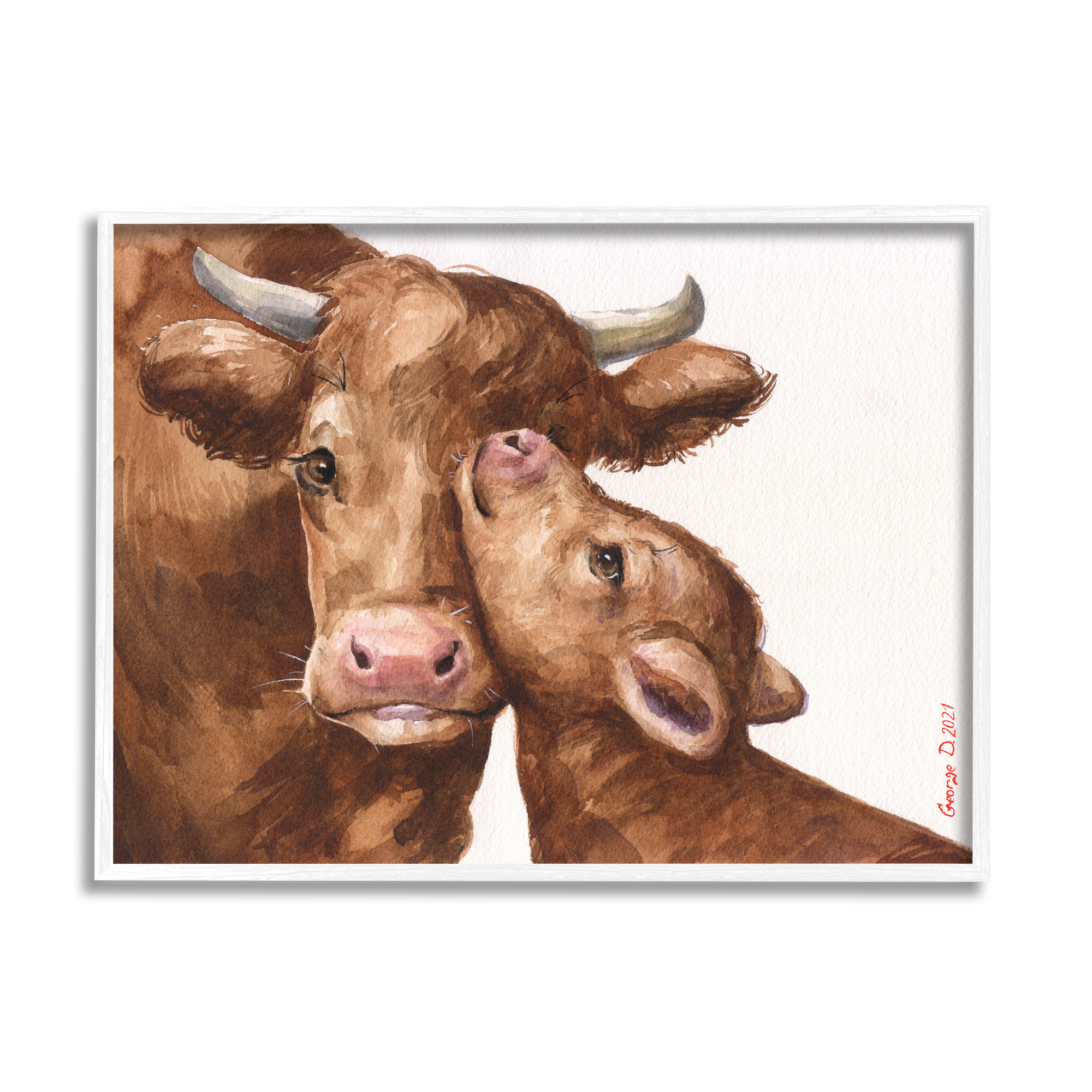Stupell Industries Compassionate Cattle Mother & Baby Cuddle Rural Farmland Painting White Framed Art Print Wall Art, Design by George Dyachenko