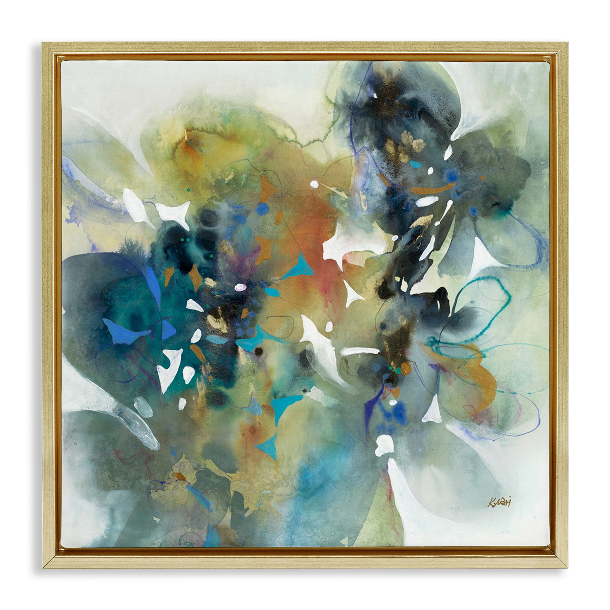 Stupell Industries Complex Splatter Distortion Abstract Painting Gold Floater Framed Canvas Art Print Wall Art, 18 x 18
