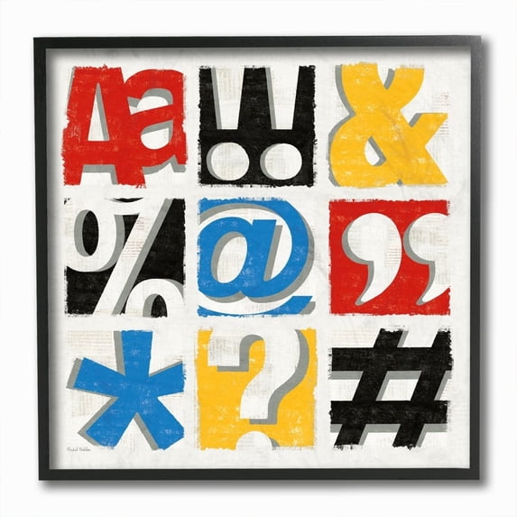 Stupell Industries Computer Font and Symbols Collage Red Yellow Blue Design Framed Wall Art Design by Michael Mullan, 12" x 12", Black Framed