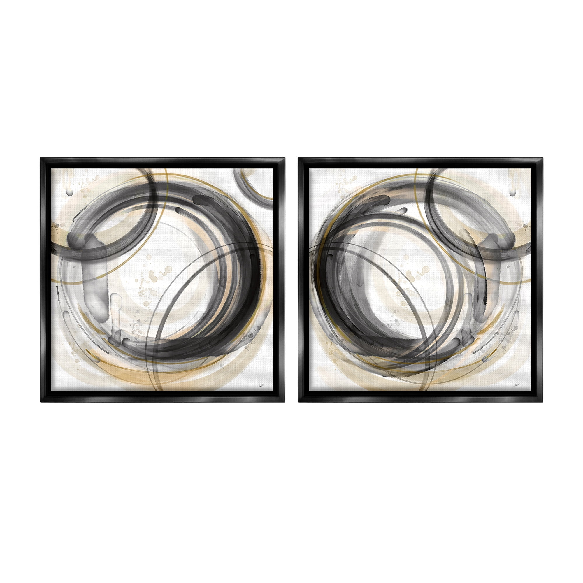 Stupell Industries Concentric Circles Pattern Abstract Painting Black Floater Framed Canvas Art Print Wall Art, 25 x 25, Set of 2