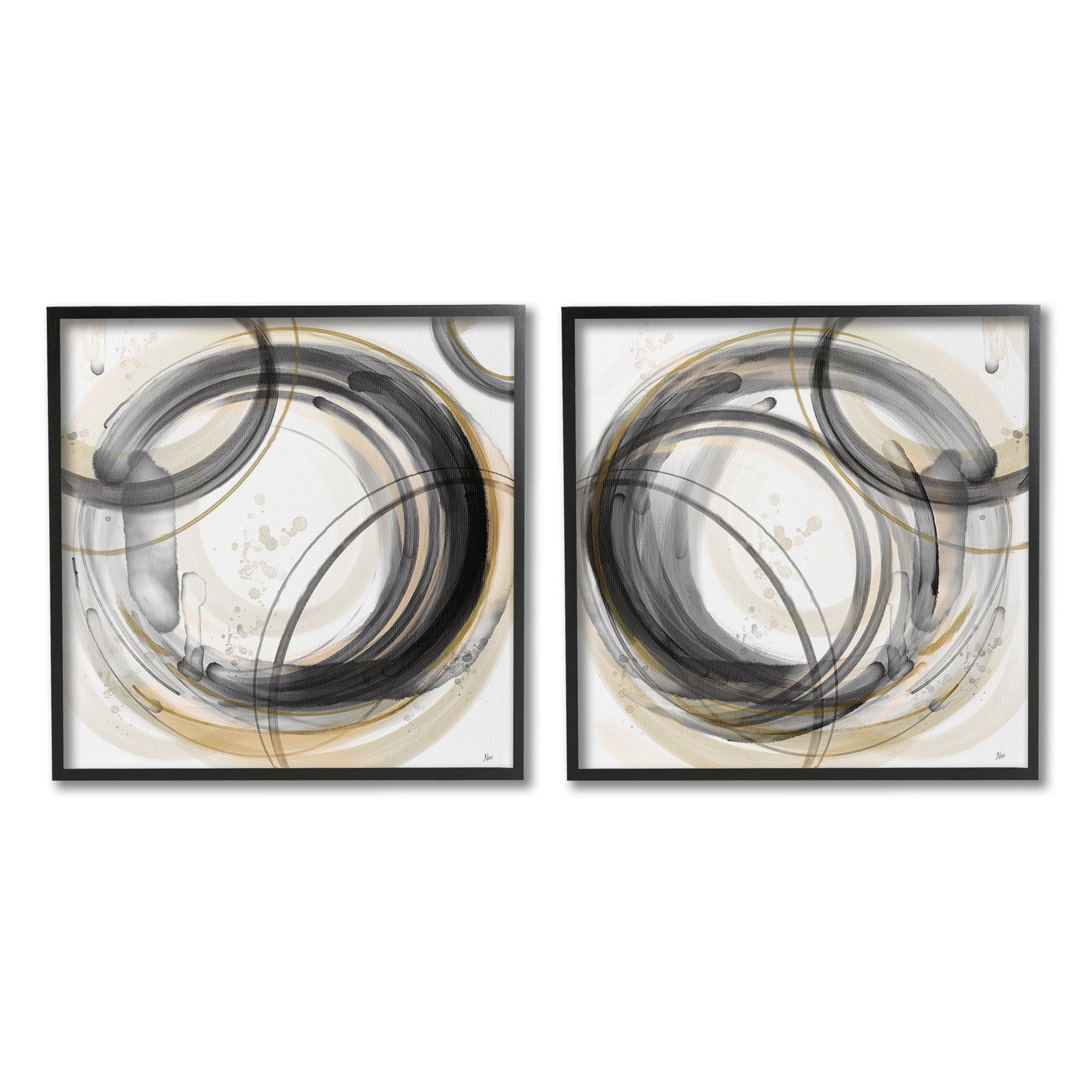 Stupell Industries Concentric Circles Pattern Abstract Painting Black Framed Art Print Wall Art, 12 x 12, Set of 2