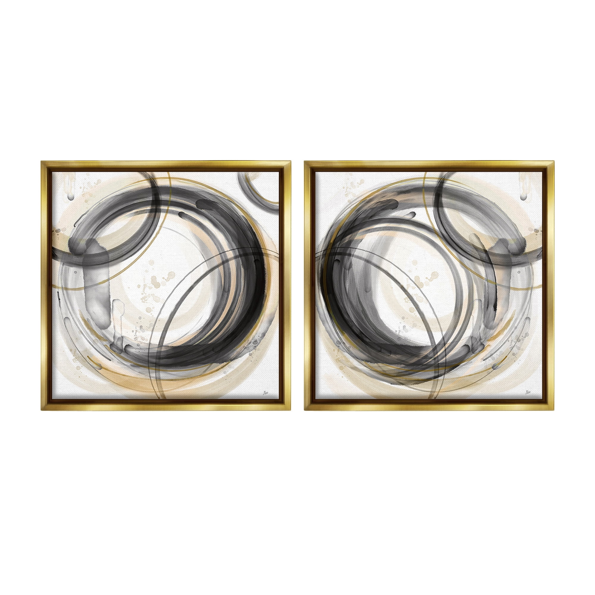 Stupell Industries Concentric Circles Pattern Abstract Painting Gold Floater Framed Canvas Art Print Wall Art, 18 x 18, Set of 2