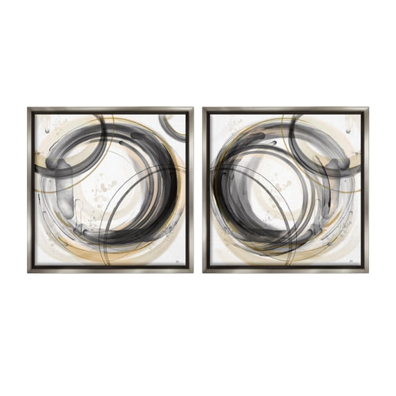 Stupell Industries Concentric Circles Pattern Abstract Painting Gray Floater Framed Canvas Art Print Wall Art, 18 x 18, Set of 2