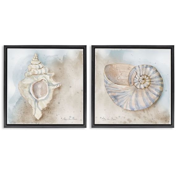 Stupell Industries Conch & Nautilus Ocean's Edge 2 Piece Black Framed Floater Canvas Set design by Audrey Jeanne Roberts, 18 x 18