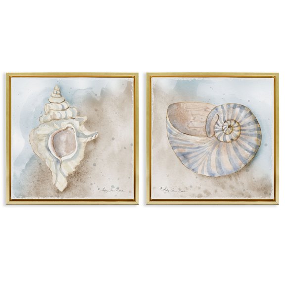 Stupell Industries Conch & Nautilus Ocean's Edge 2 Piece Gold Framed Floater Canvas Set design by Audrey Jeanne Roberts, 25 x 25