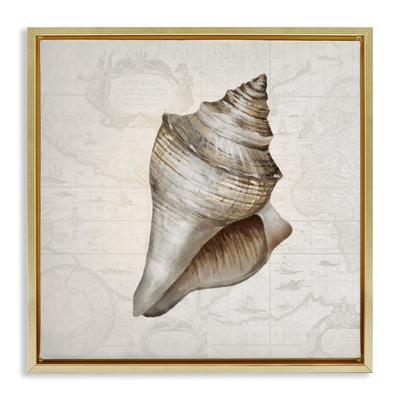Stupell Industries Conch Shell over Vintage Map Animals Painting Gold Floater Framed Canvas Art Print Wall Art, 25 x 25