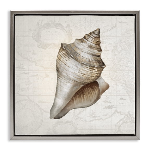Stupell Industries Conch Shell over Vintage Map Animals Painting Gray Floater Framed Canvas Art Print Wall Art, 18 x 18