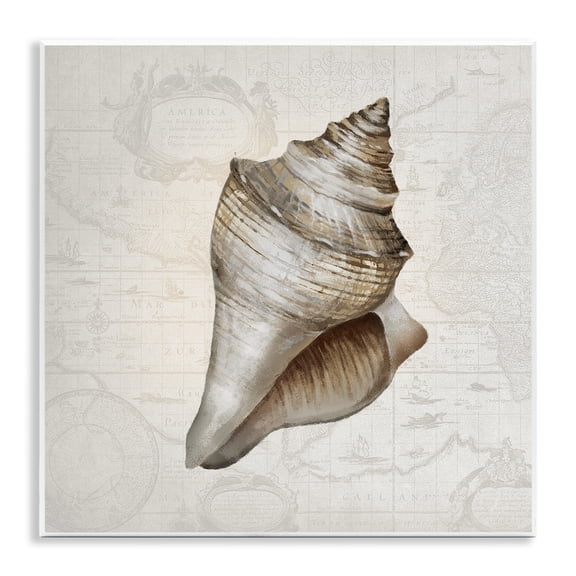 Stupell Industries Conch Shell over Vintage Map Animals Painting Unframed Art Print Wall Art, 12 x 12