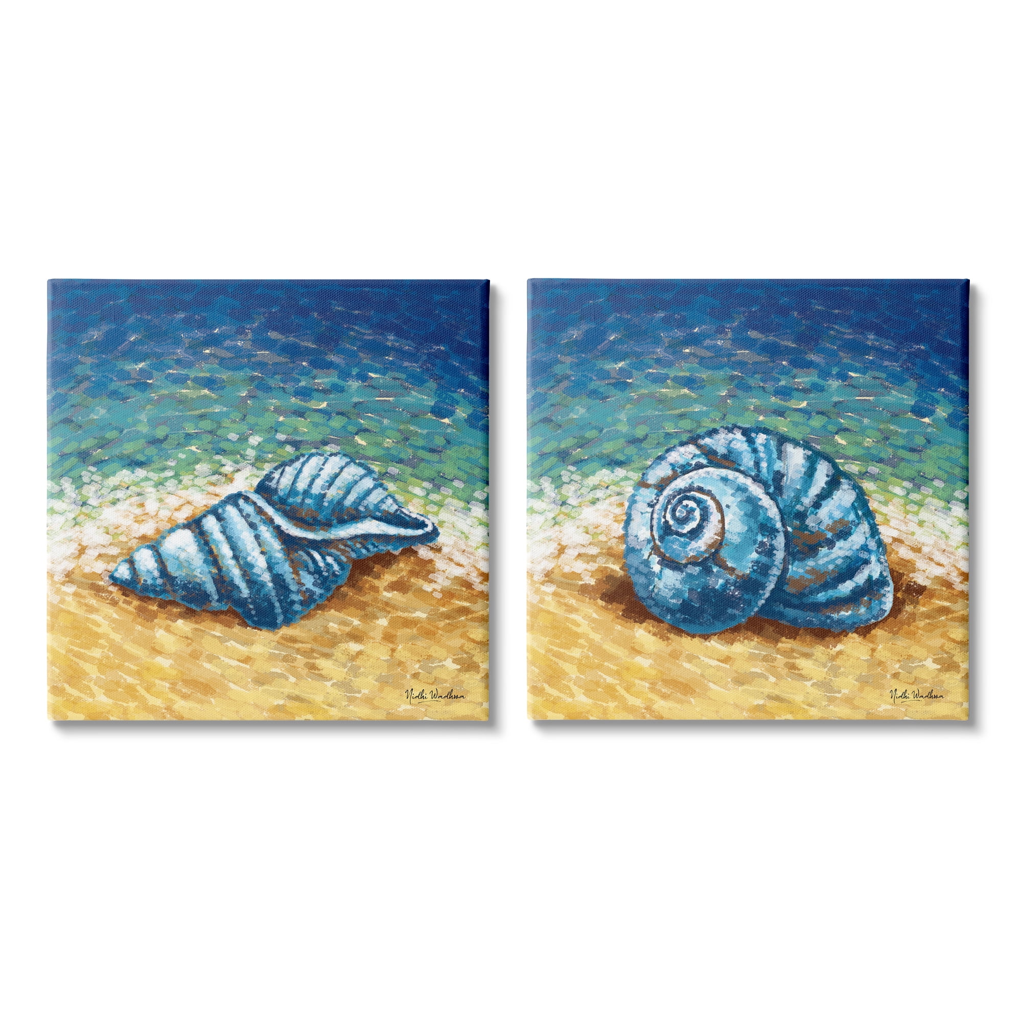 Blue Conch Shells on Shore Canvas Wall Art Set