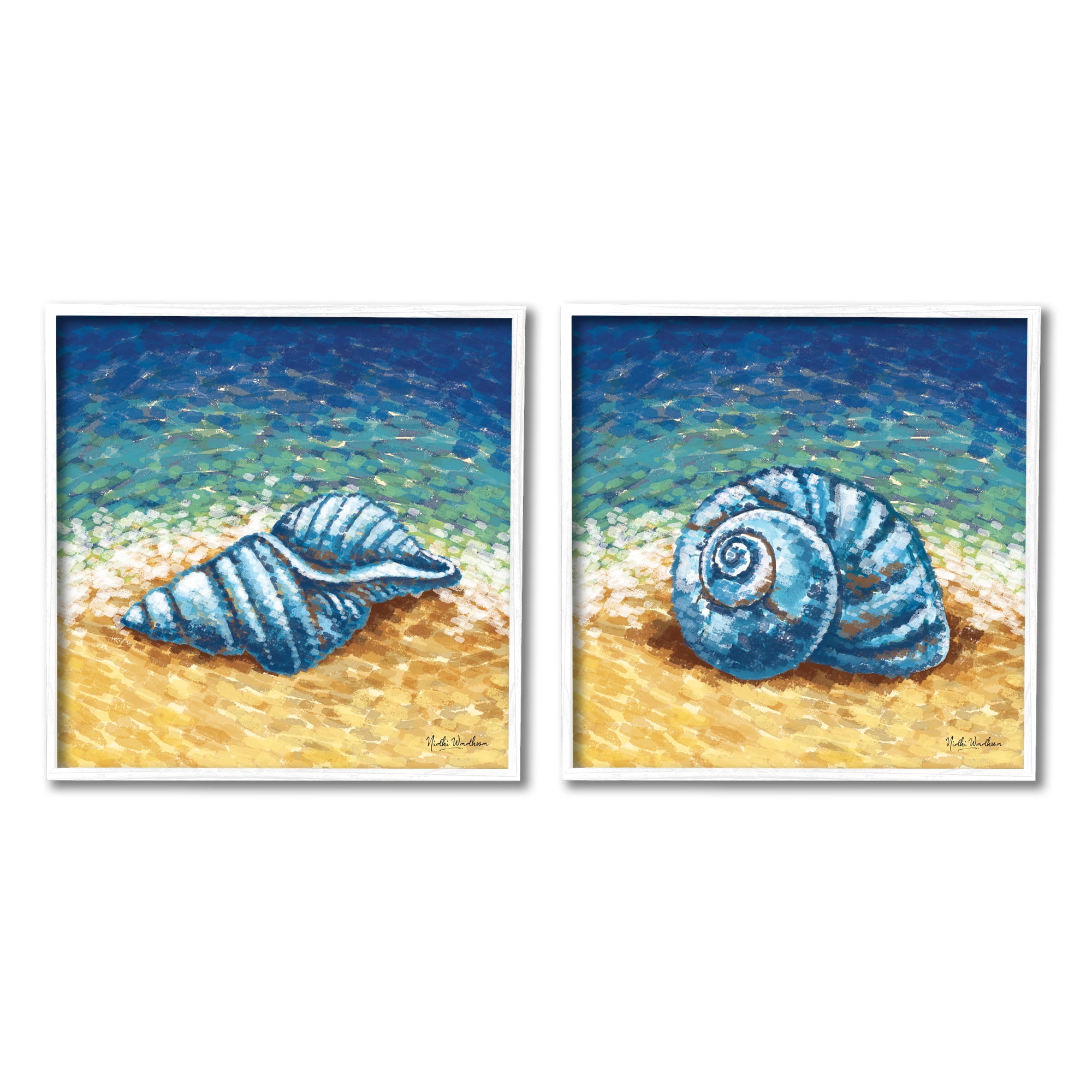 Stupell Industries Conch Shells on Shore Animals & Insects Painting White Framed Art Print Wall Art, 12 x 12, Set of 2