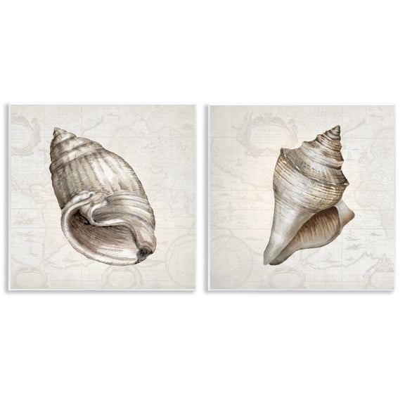 Stupell Industries Conch Shells over Vintage Maps Animals Painting Unframed Art Print Wall Art, 12 x 12, Set of 2