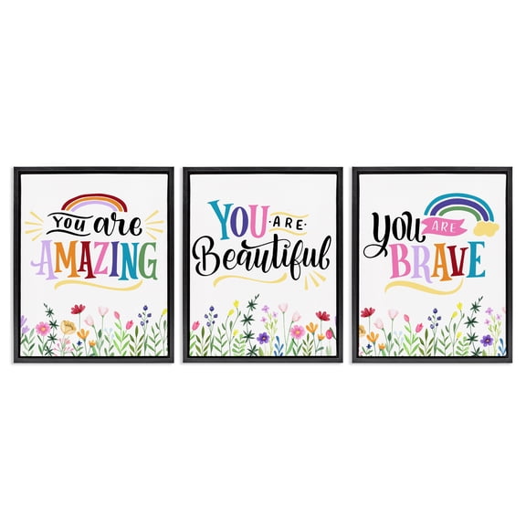 Stupell Industries Confidence Sentiments with Florals Quotes and Sayings Painting Black Floater Framed Canvas Art Print Wall Art, 17 x 21, Set of 3