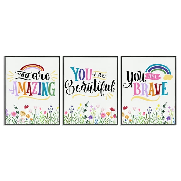Stupell Industries Confidence Sentiments with Florals Quotes and Sayings Painting Black Framed Art Print Wall Art, 16 x 20, Set of 3
