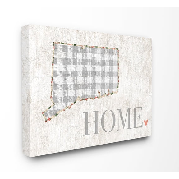 Stupell Industries Connecticut Grey Gingham and Floral Heart and Home Town & City Painting Gallery Wrapped Canvas Art Print Wall Art, 30 x 40